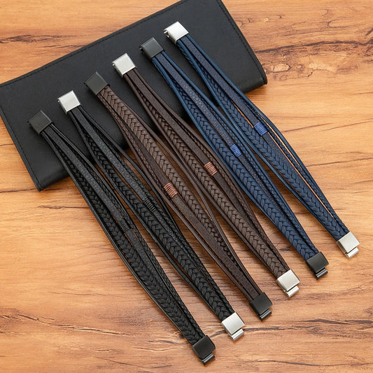 Men’s Triple Braided Leather Bracelet with Magnetic Clasp