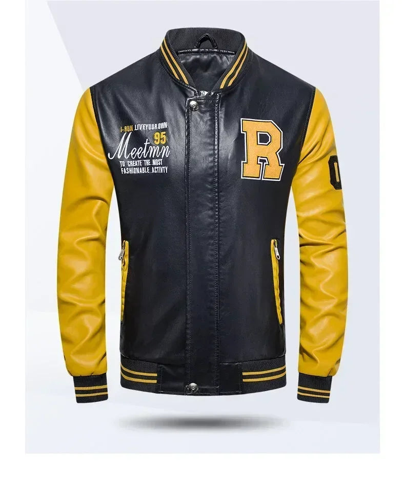 Men’s “R Varsity” Leather-Style College Jacket with Contrast Sleeves