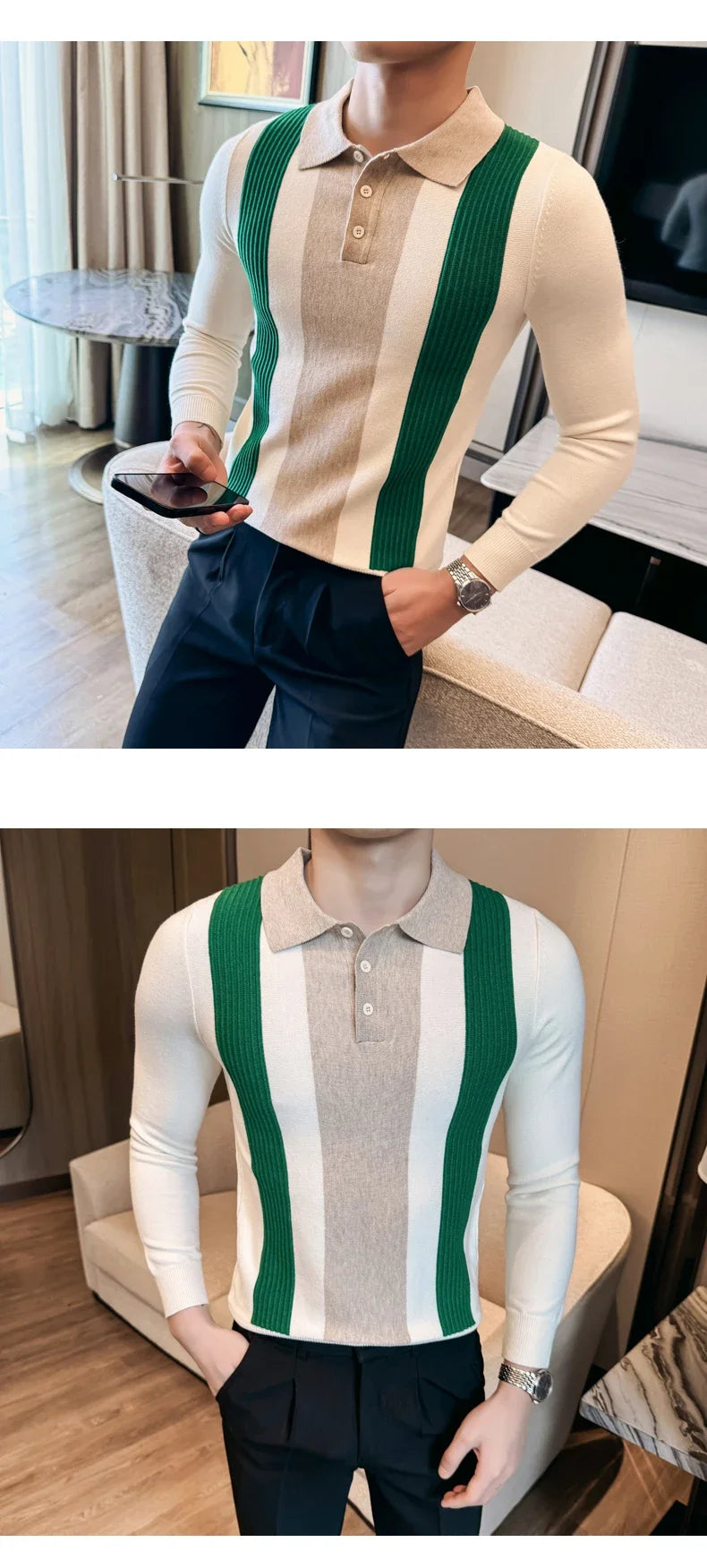 Men’s Retro-Style Long Sleeve Polo with Slim Fit