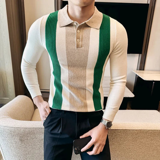 Men’s Retro-Style Long Sleeve Polo with Slim Fit