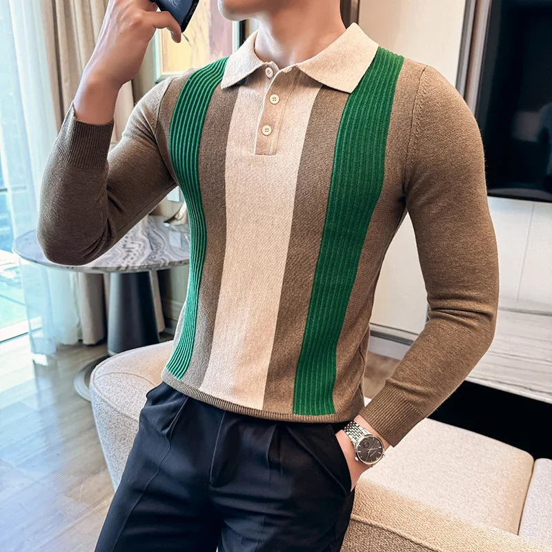 Men’s Retro-Style Long Sleeve Polo with Slim Fit