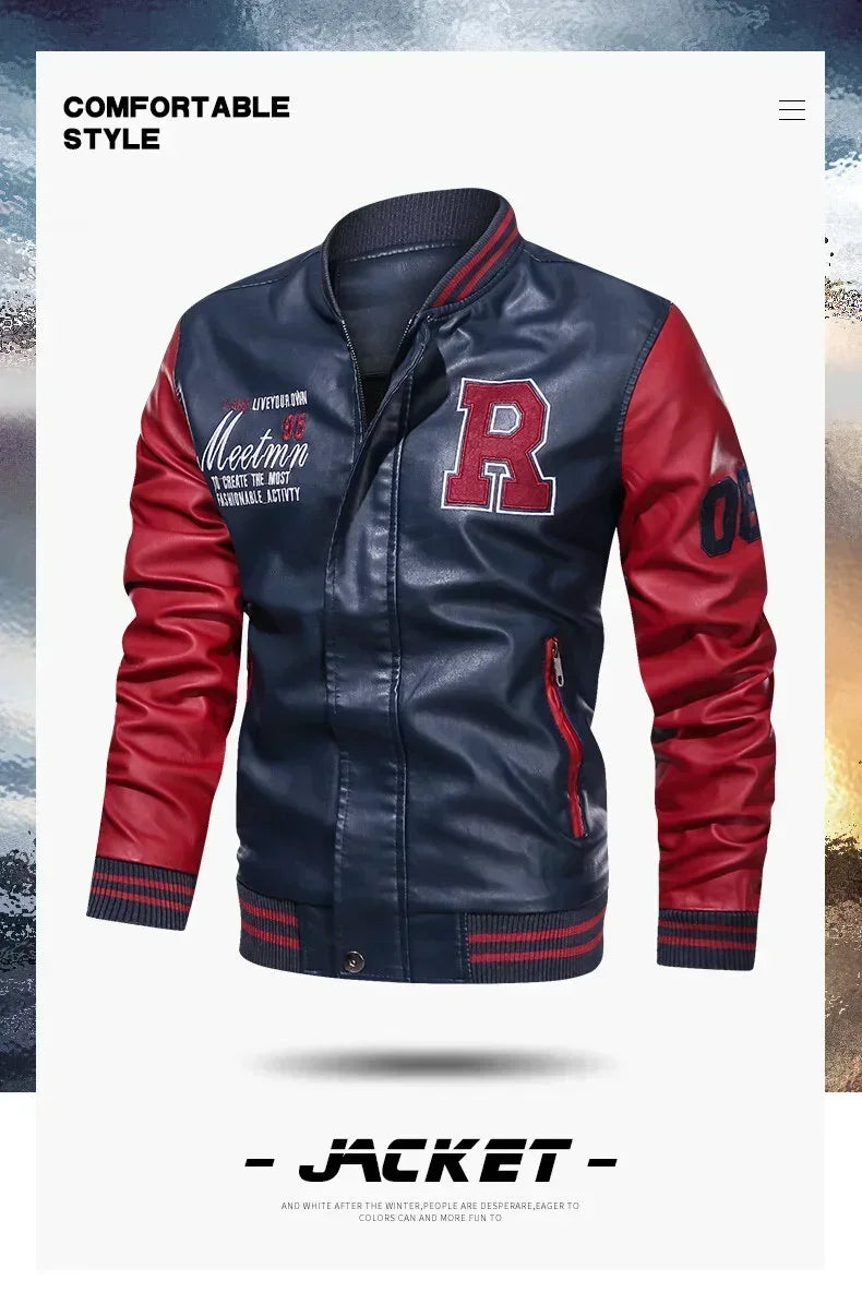 Men’s “R Varsity” Leather-Style College Jacket with Contrast Sleeves