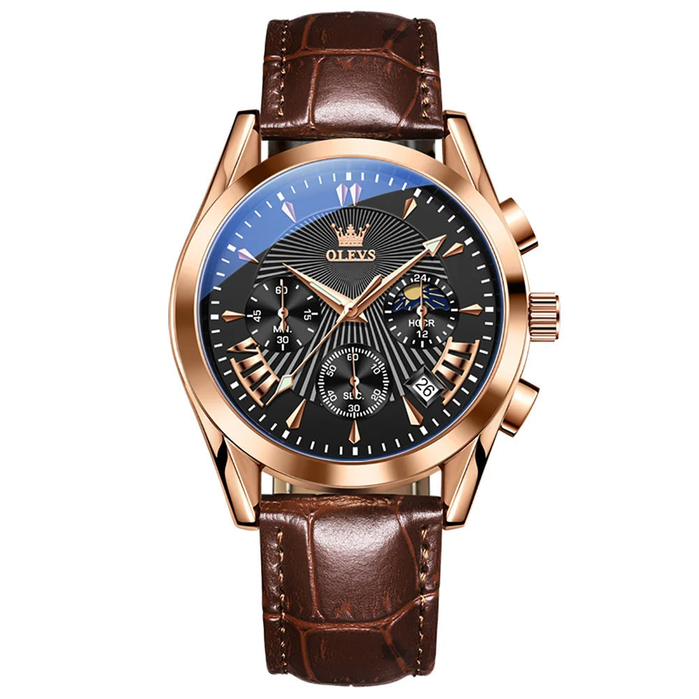 Men’s Luxury Chronograph Watch with Moon Phase and Leather Strap
