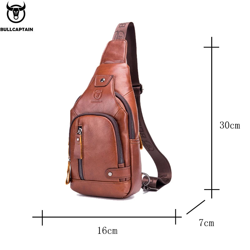 Bullcaptain Men’s Leather Sling Bag – USB Charging Crossbody Chest Pack for Travel, Work & Casual Use