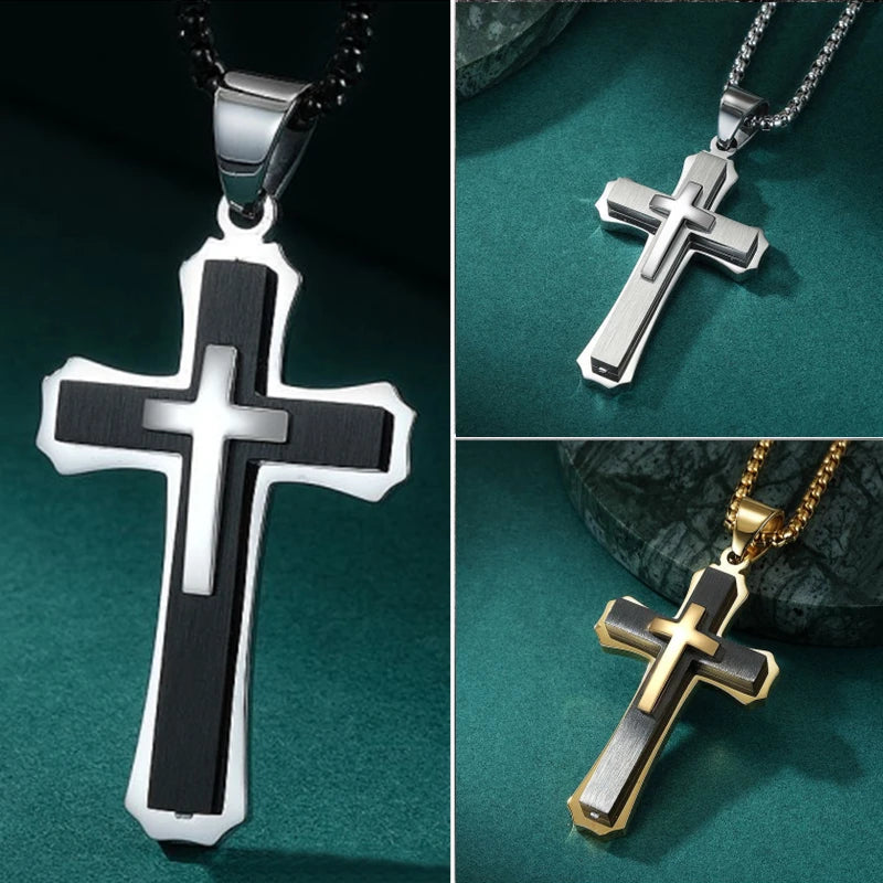Modern Cross Pendant Necklace – Dual-Tone Stainless Steel