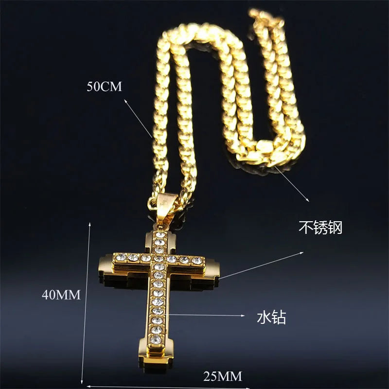 Stainless Steel Zircon Cross Necklace Chain Pendant For Men