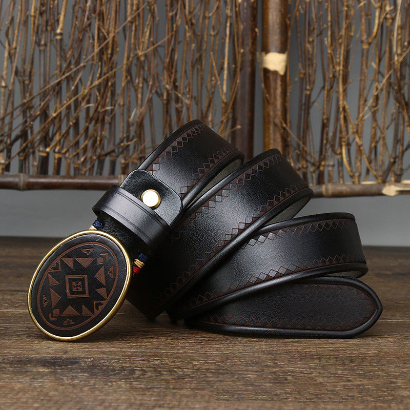 Men’s Leather Belt with Oval Buckle and Geometric Design