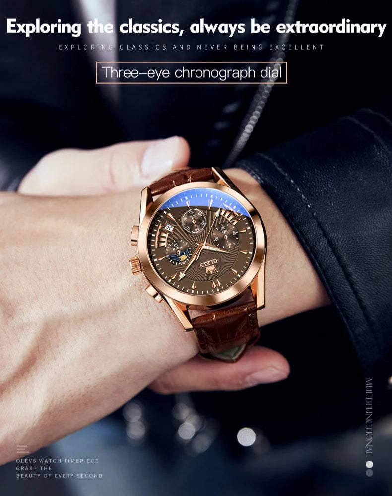 Men’s Luxury Chronograph Watch with Moon Phase and Leather Strap