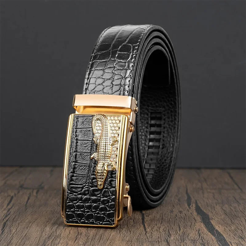 Men’s Automatic Buckle Leather Belt with Crocodile Texture – Elegant and Adjustable