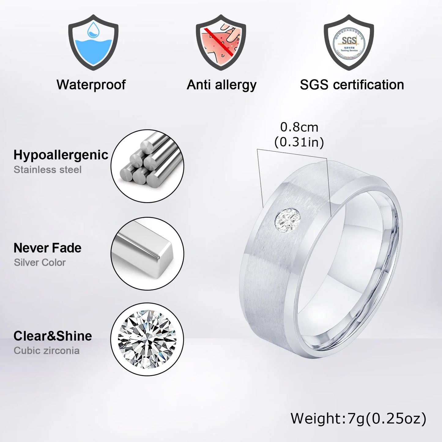 Men's Stainless Steel Zirconia Ring, Comfortable and Sturdy Fit, Engagement Ring for Men