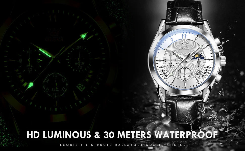 Men’s Luxury Chronograph Watch with Moon Phase and Leather Strap