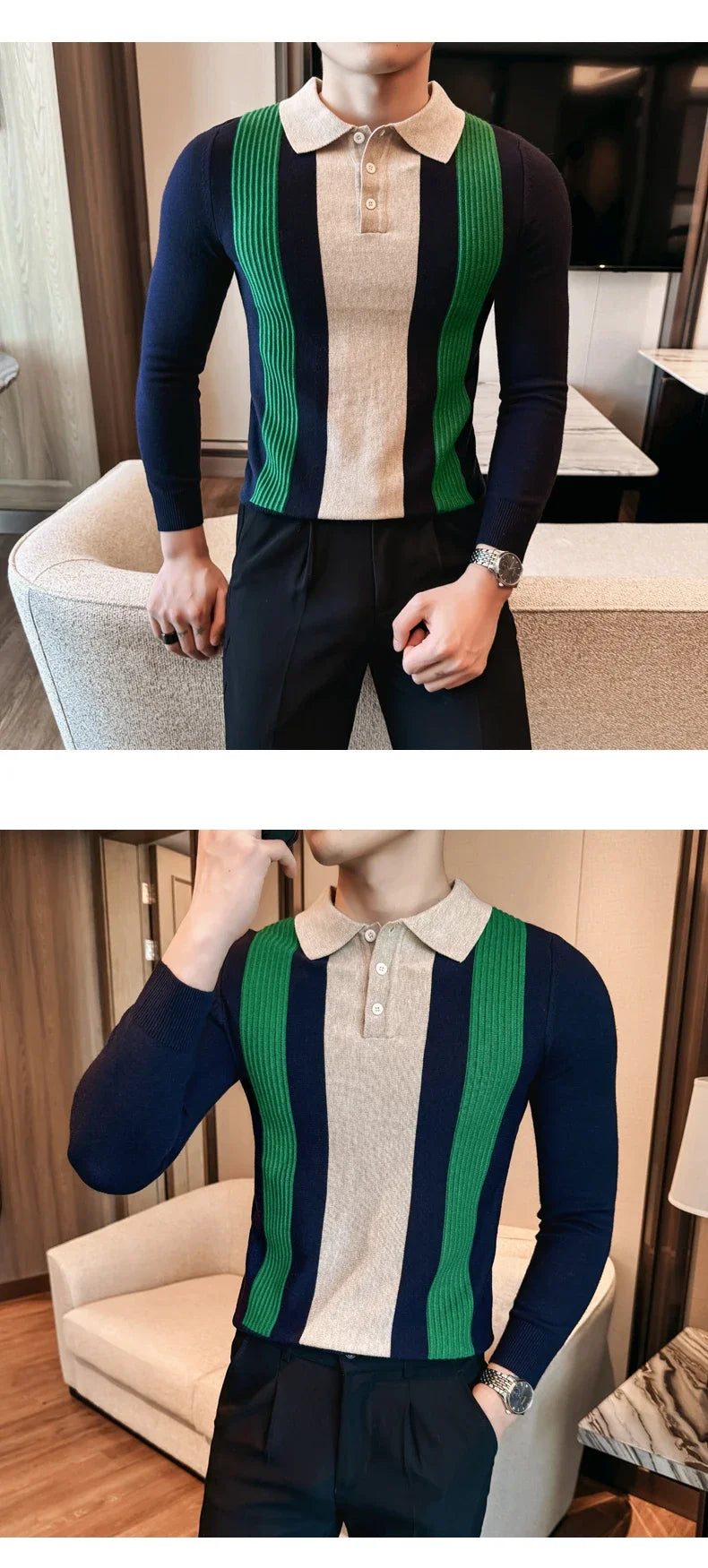 Men’s Retro-Style Long Sleeve Polo with Slim Fit