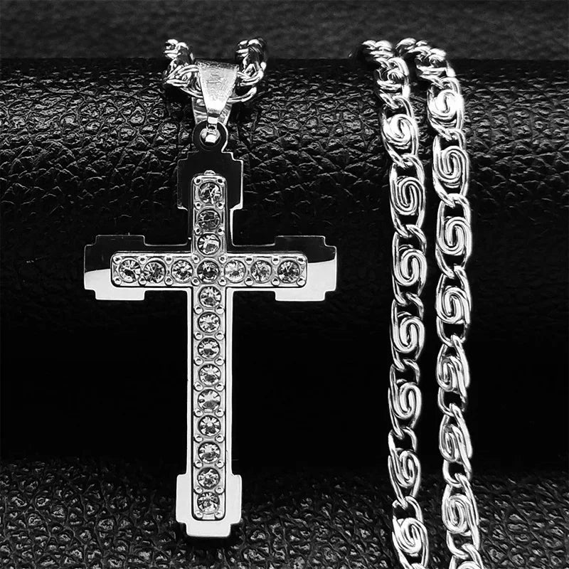Stainless Steel Zircon Cross Necklace Chain Pendant For Men
