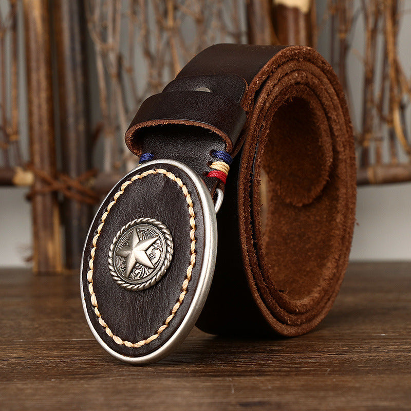 Men’s Leather Belt with Oval Star Buckle – Country Style