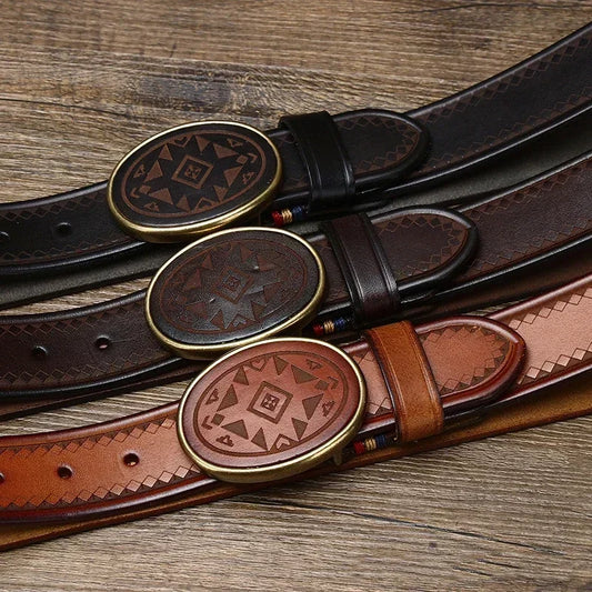 Men’s Leather Belt with Oval Buckle and Geometric Design