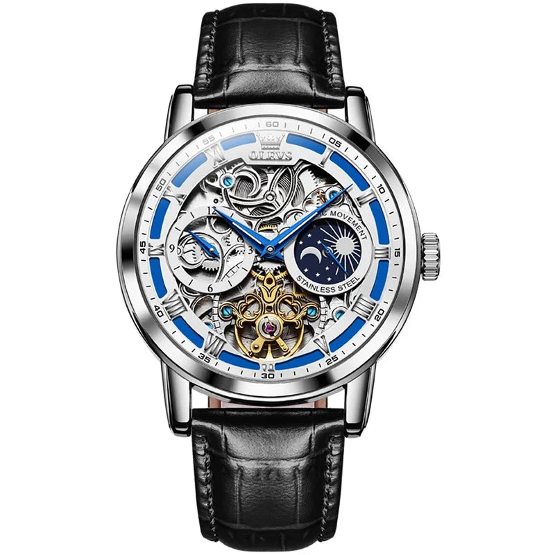 Luxury Mechanical Men’s Watch with Skeleton Design and Moon Phase
