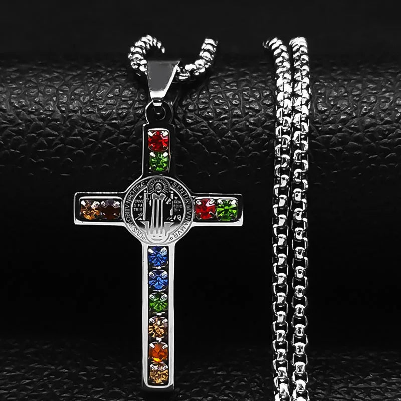 Colorful Gemstone Cross Pendant – Stainless Steel Necklace