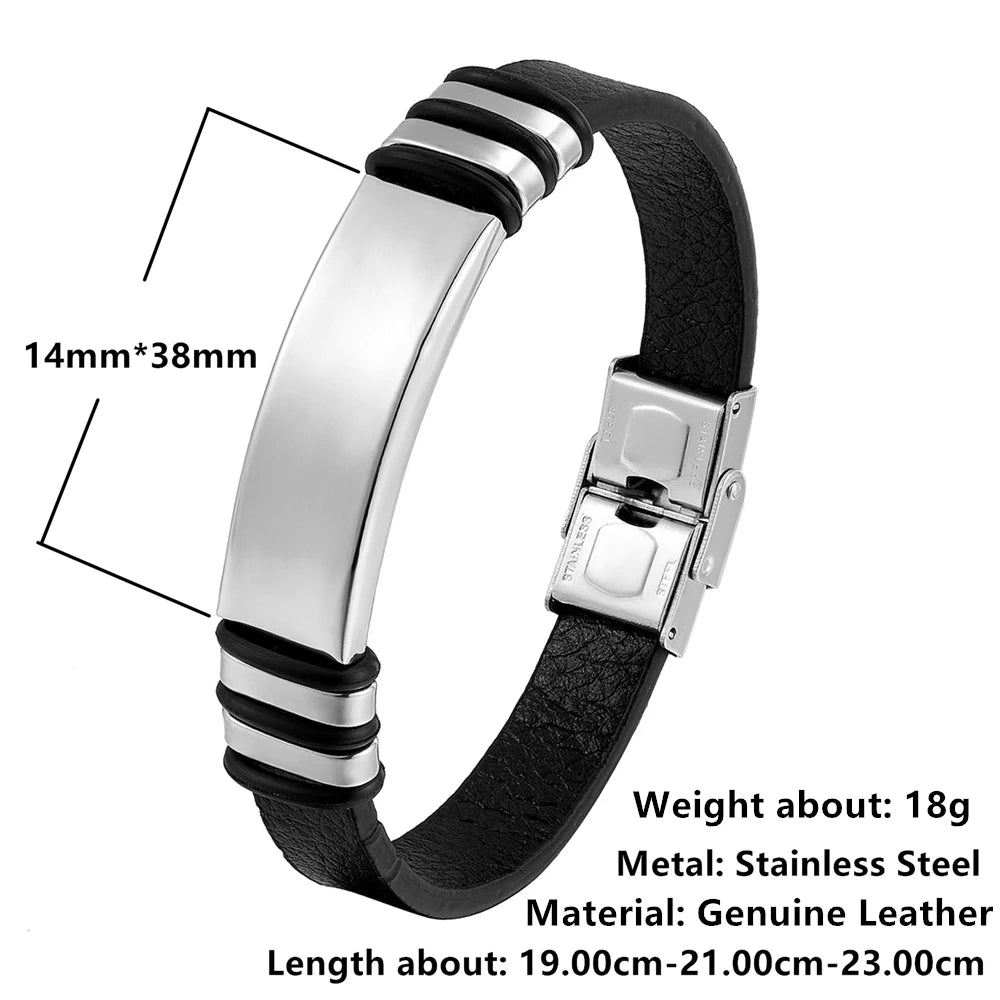 Men’s Leather Bracelet with Stainless Steel Plate – Minimalist