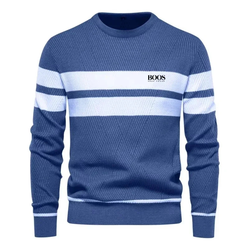 Men’s Slim Fit Knit Sweater – Warm Patchwork Pullover with Crew Neck & Long Sleeves
