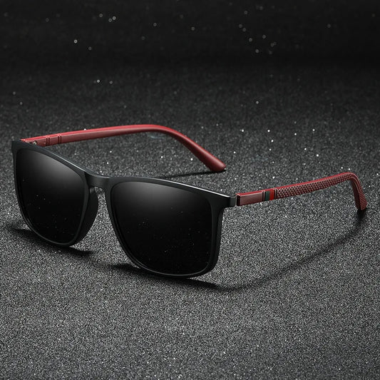 Matte Black Polarized Sunglasses with Red Textured Temples – Sleek & Sporty Film Anti UV