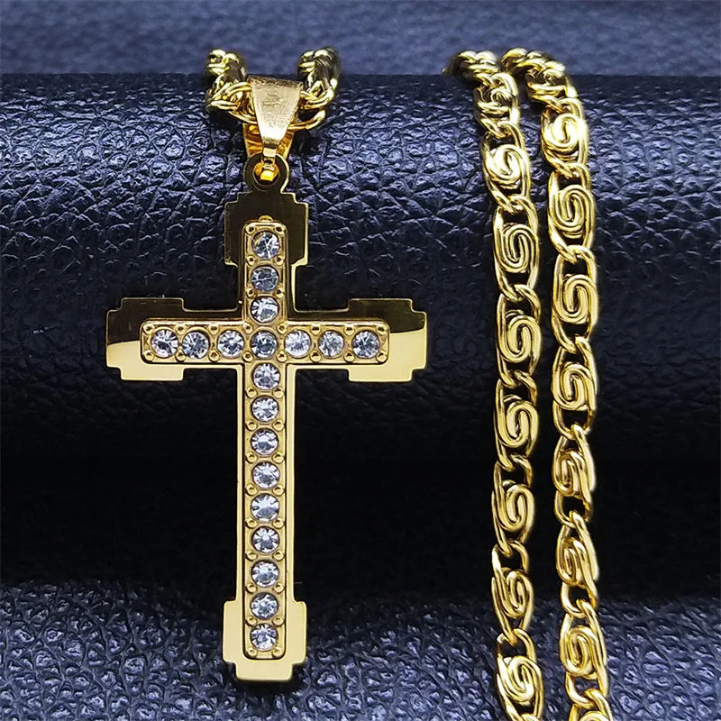 Colorful Gemstone Cross Pendant – Stainless Steel Necklace