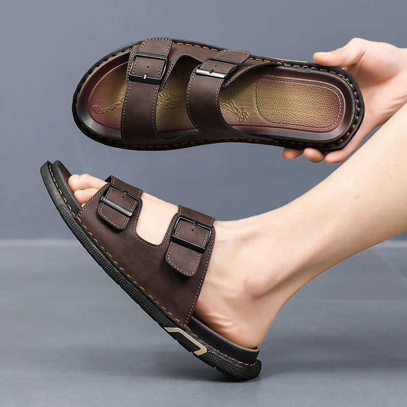 Men’s Leather Sandals with Adjustable Double Buckle – Classic and Comfortable