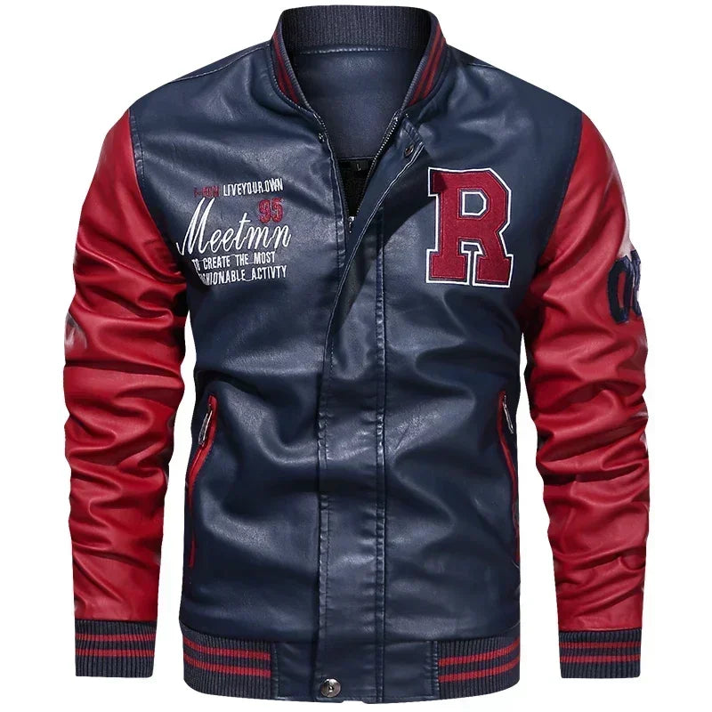 Men’s “R Varsity” Leather-Style College Jacket with Contrast Sleeves