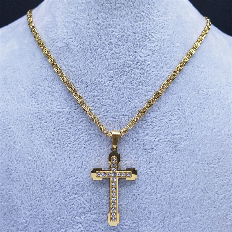 Stainless Steel Zircon Cross Necklace Chain Pendant For Men