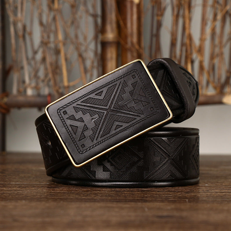 Men’s Leather Belt with Engraved Buckle – Rustic Style