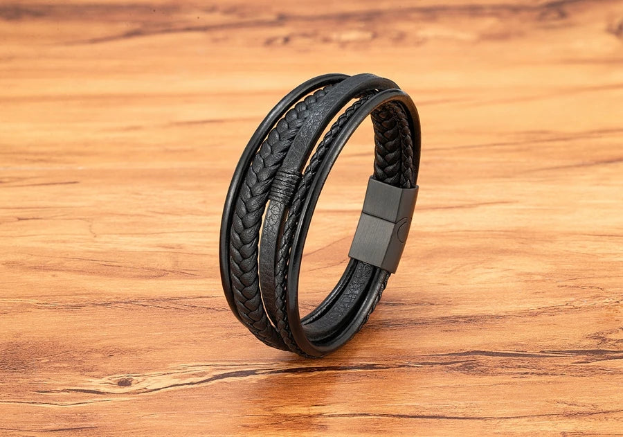 Men’s Triple Braided Leather Bracelet with Magnetic Clasp