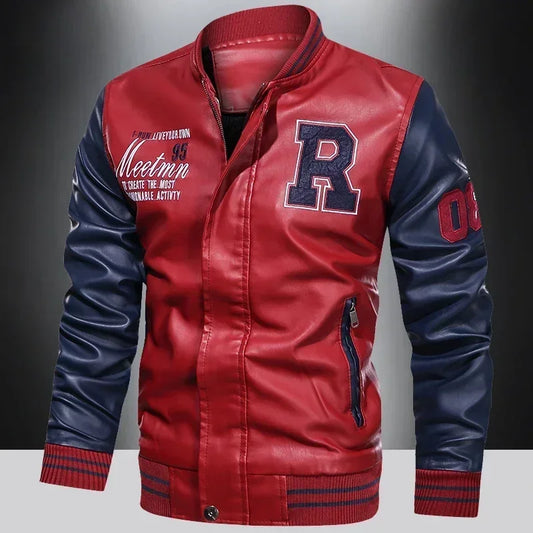 Men’s “R Varsity” Leather-Style College Jacket with Contrast Sleeves