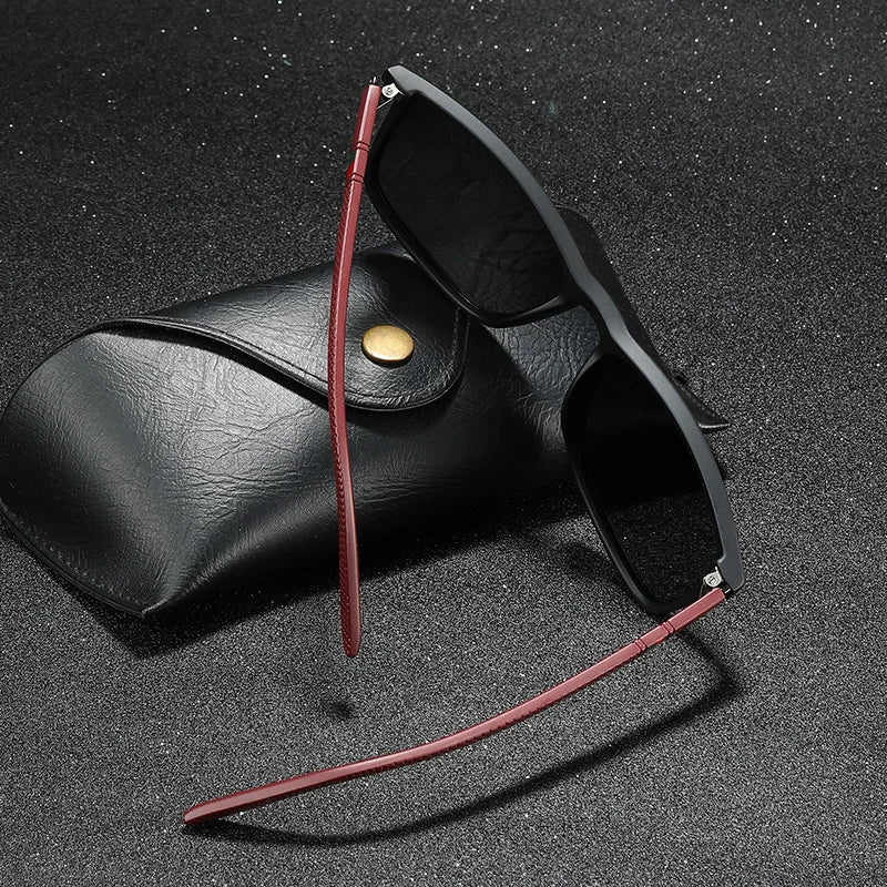 Matte Black Polarized Sunglasses with Red Textured Temples – Sleek & Sporty Film Anti UV