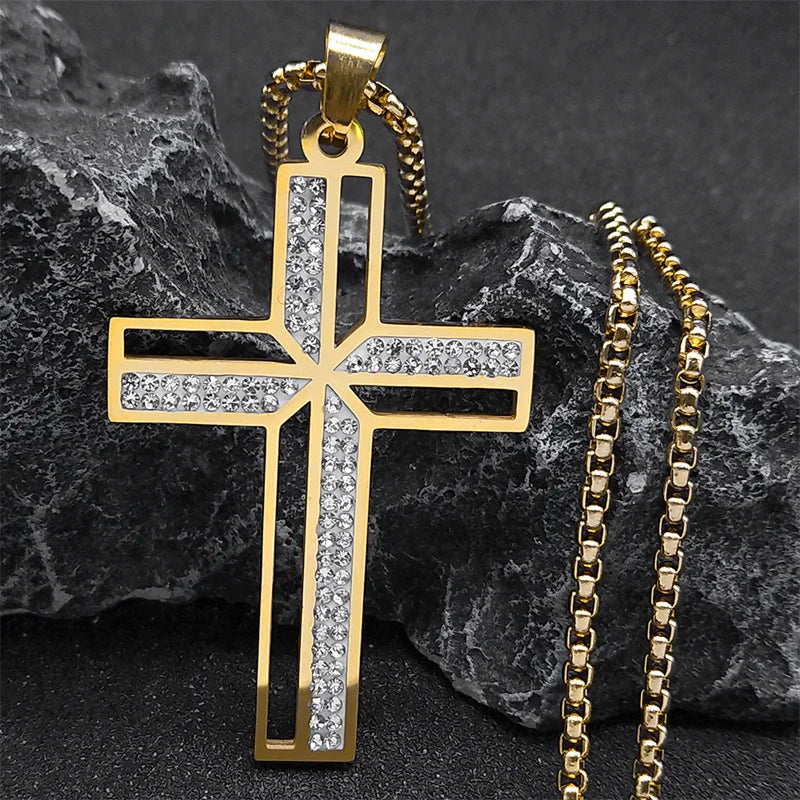 Colorful Gemstone Cross Pendant – Stainless Steel Necklace