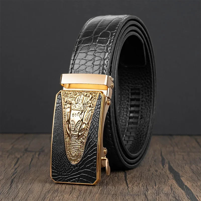 Men’s Automatic Buckle Leather Belt with Crocodile Texture – Elegant and Adjustable