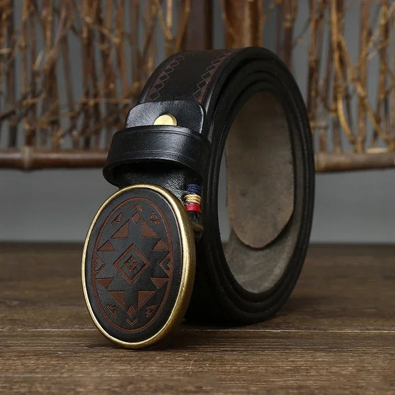 Men’s Leather Belt with Oval Buckle and Geometric Design