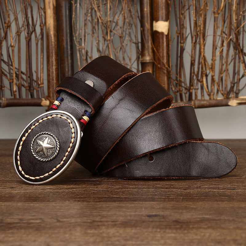 Men’s Leather Belt with Oval Star Buckle – Country Style