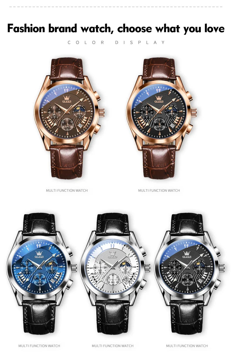 Men’s Luxury Chronograph Watch with Moon Phase and Leather Strap