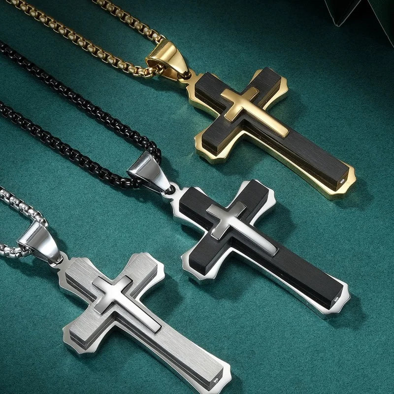 Modern Cross Pendant Necklace – Dual-Tone Stainless Steel