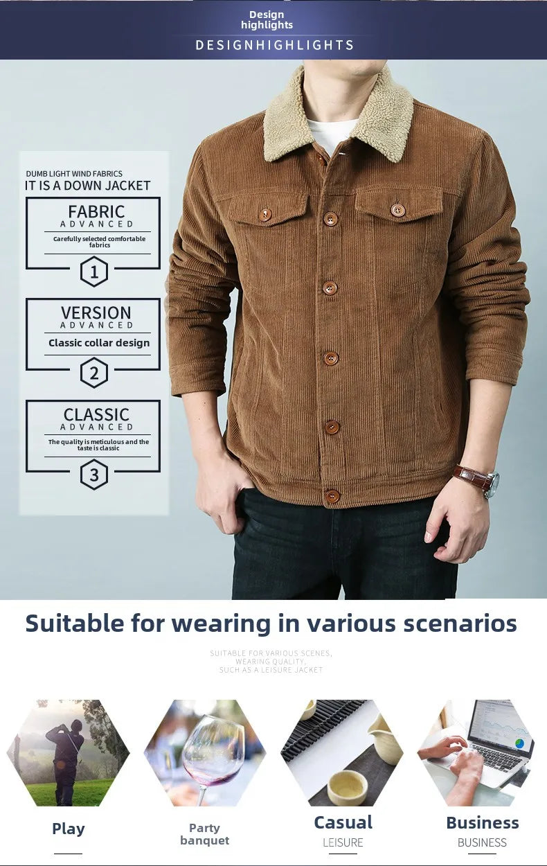 Men’s Workwear-Inspired Jacket with Sherpa Lining and Corduroy Finish