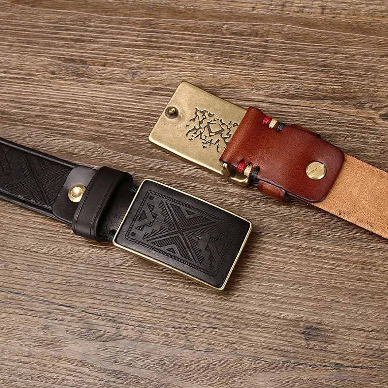 Men’s Leather Belt with Engraved Buckle – Rustic Style