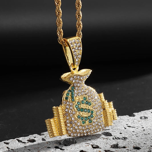 Men’s Hip Hop Necklace – Money Bag Pendant with Stones
