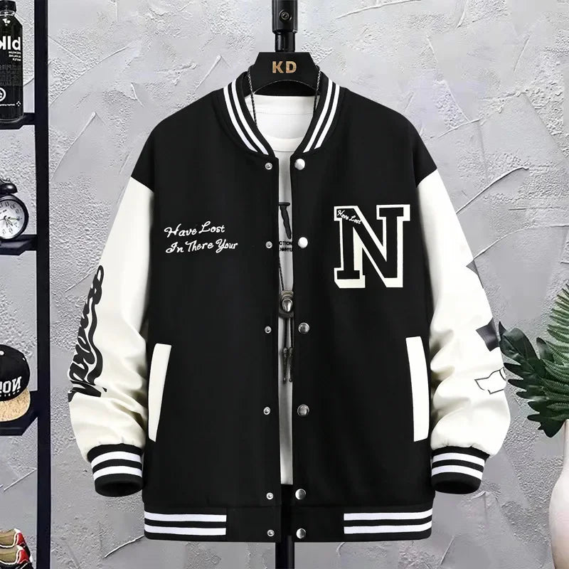Men’s Varsity College Jacket with Embroidered Details and Snap Button Closure