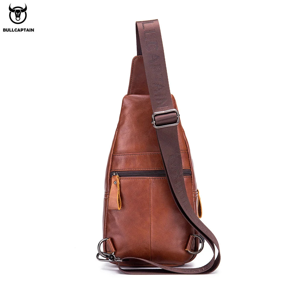 Bullcaptain Men’s Leather Sling Bag – USB Charging Crossbody Chest Pack for Travel, Work & Casual Use