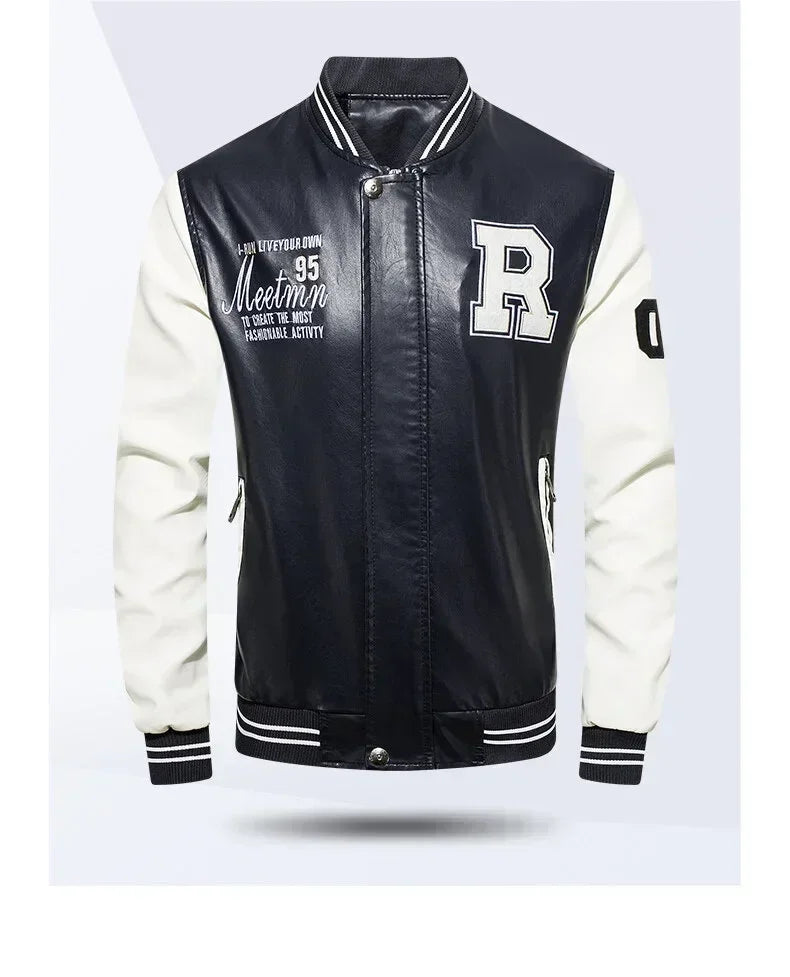 Men’s “R Varsity” Leather-Style College Jacket with Contrast Sleeves