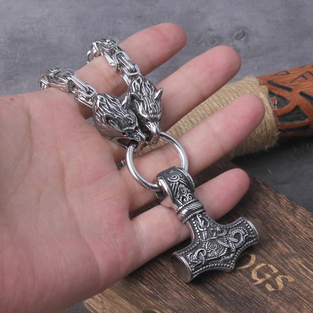 Men’s Viking Necklace – Thor’s Hammer with Wolves