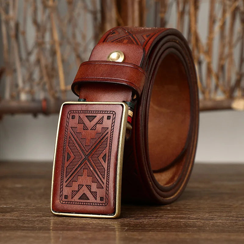 Men’s Leather Belt with Engraved Buckle – Rustic Style