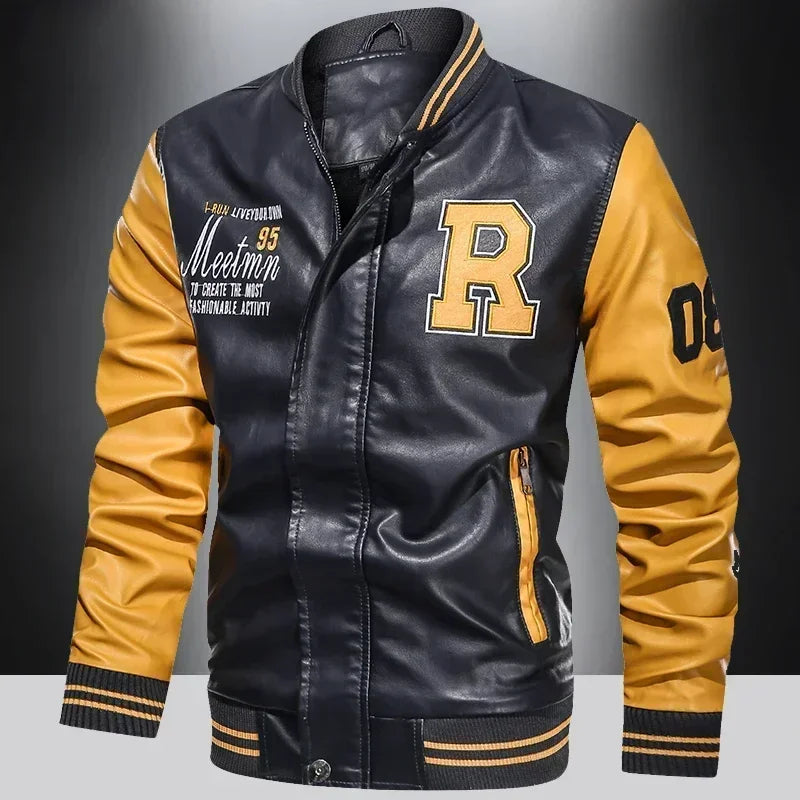 Men’s “R Varsity” Leather-Style College Jacket with Contrast Sleeves