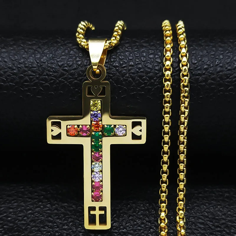 Colorful Gemstone Cross Pendant – Stainless Steel Necklace