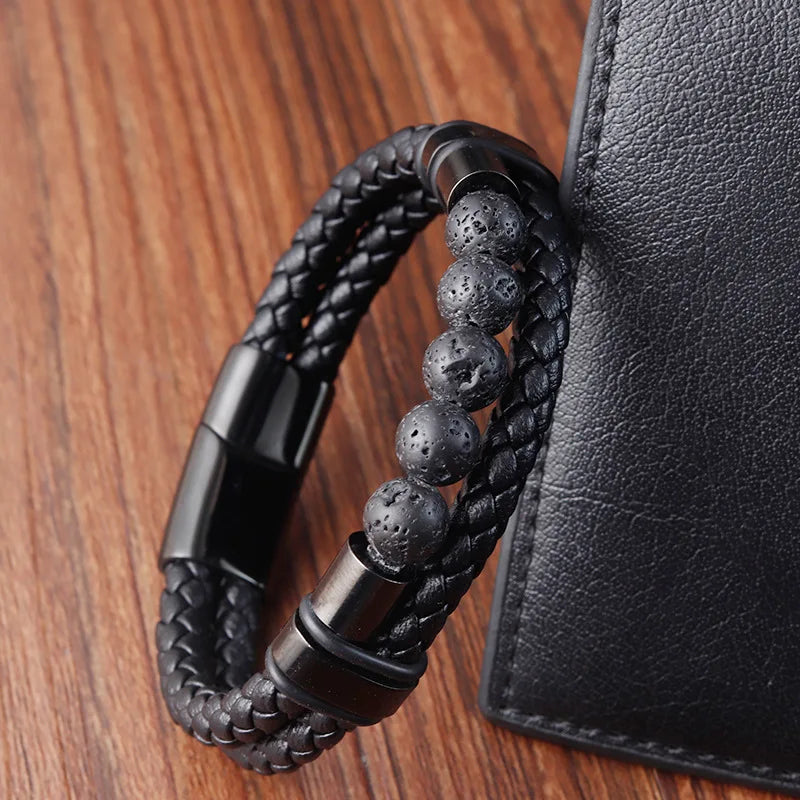 Men’s Braided Leather Bracelet with Bead Detail