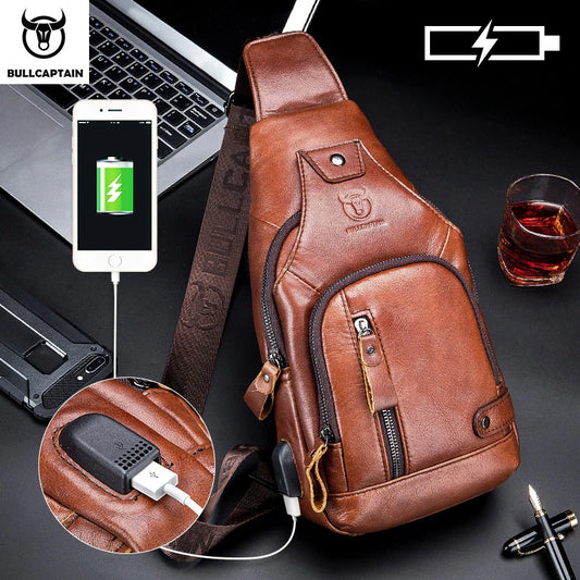 Bullcaptain Men’s Leather Sling Bag – USB Charging Crossbody Chest Pack for Travel, Work & Casual Use